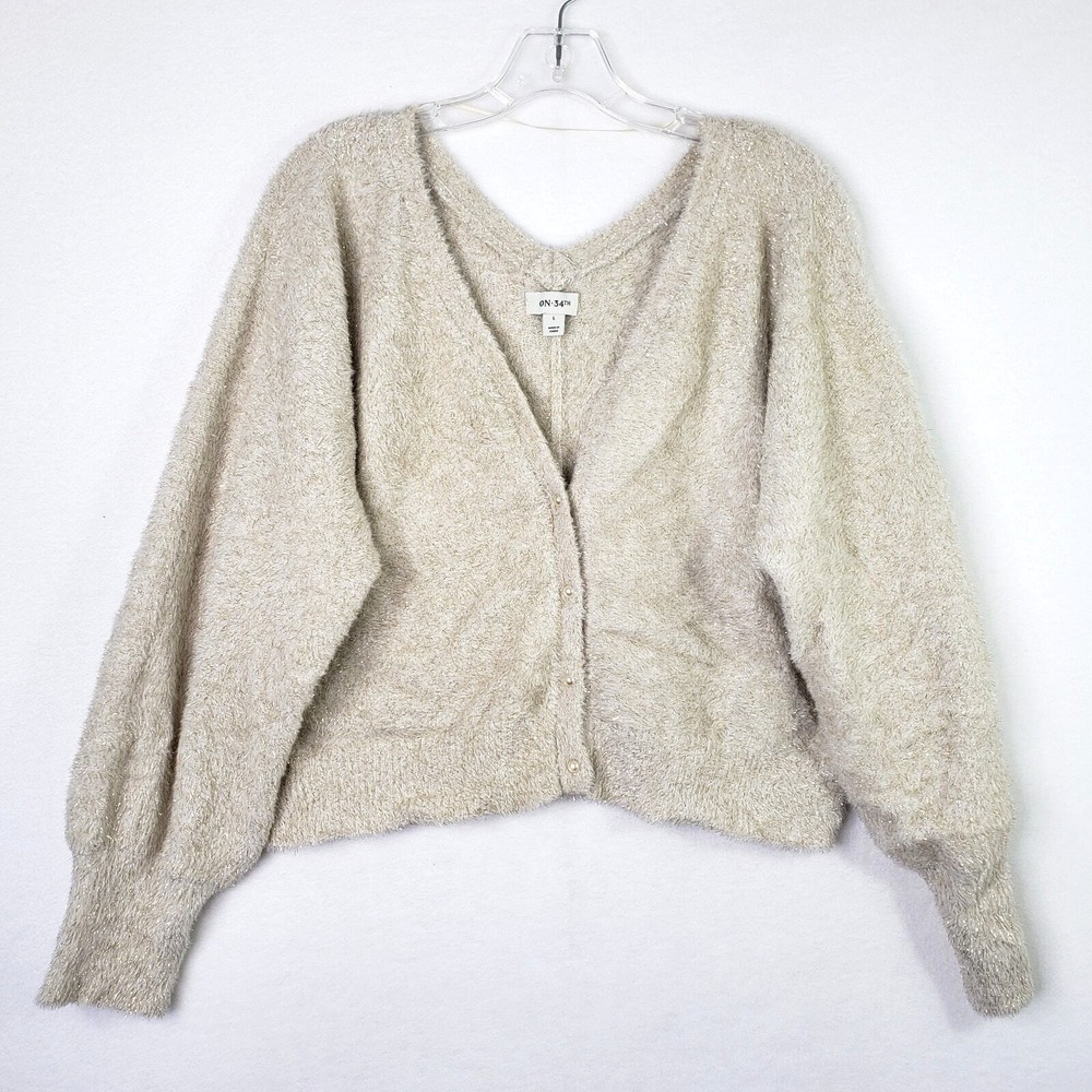 On 34th Sweater Womens Large Gold Metallic Cropped Button‎ Front Balloon Sleeve